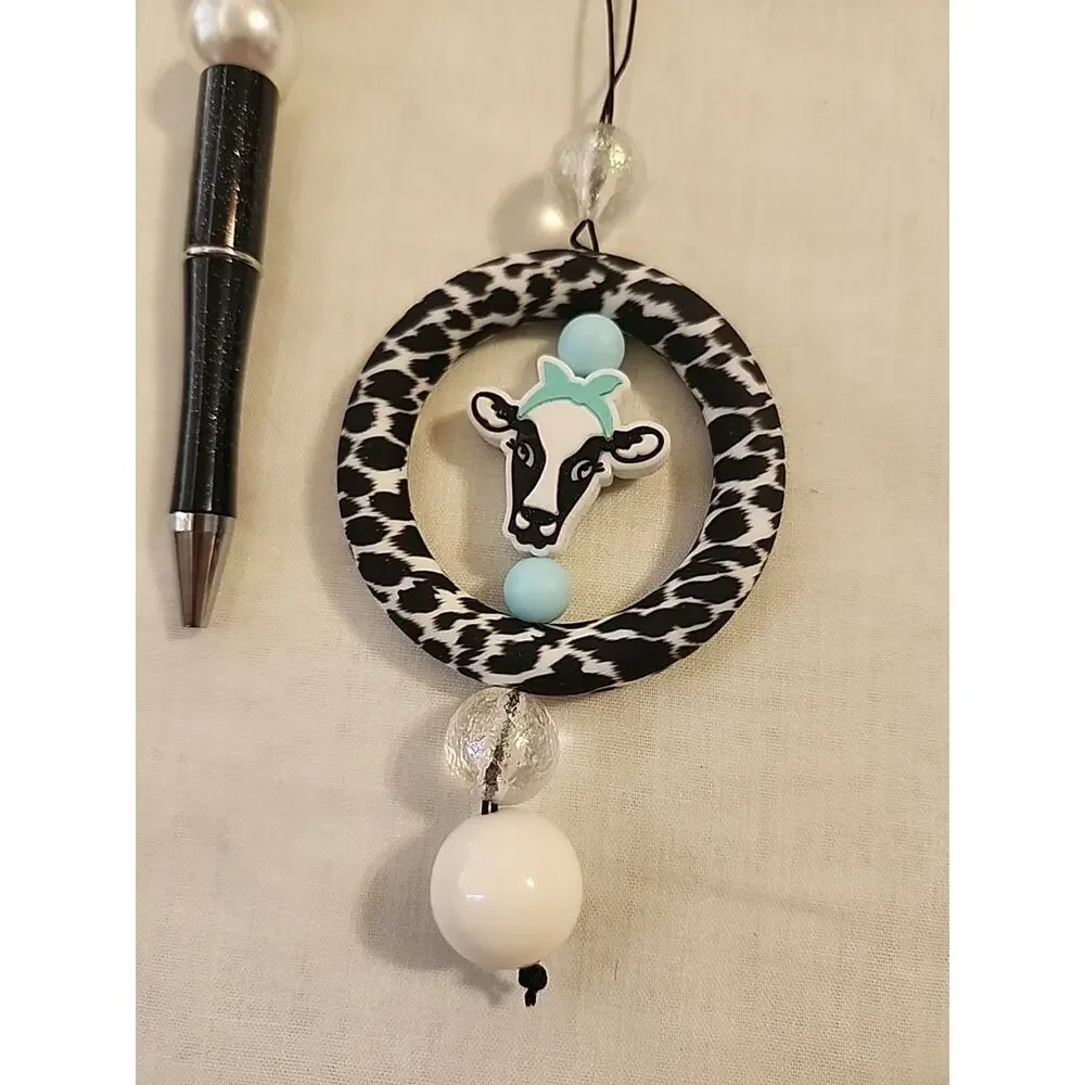 Car Charm For Rear View & Bed Pen Combo Cow Print Black & White Blue